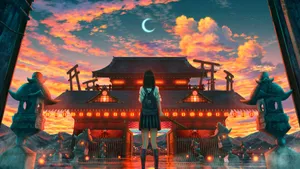 Anime Moonlit Shrine Scene Wallpaper
