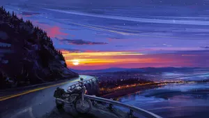 Anime Motorcycle Sunset Ride Wallpaper