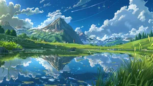 Anime Mountain Lake Reflection Wallpaper