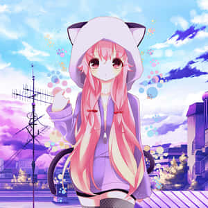 Anime Neko Girl Cityscape Bubble Play Wallpaper