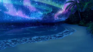 Anime Night Beach Aurora Wallpaper