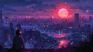 Anime Pixel Art Cityscape Wallpaper