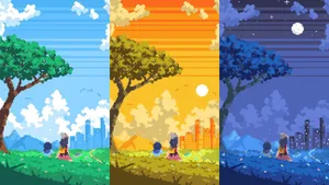 Anime Pixel Art Day Night Wallpaper