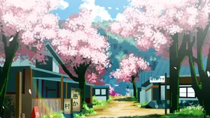 Anime Sakura Blossom Village Scene Wallpaper