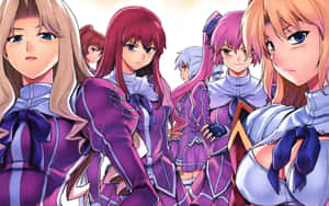 Anime Style Female Charactersin Purple Uniforms Wallpaper