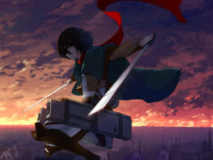 Anime Swordfighter Above City Dusk Wallpaper