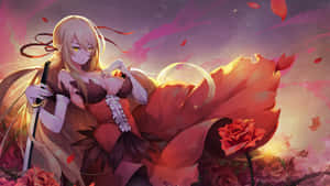 Anime Swordswoman Floral Backdrop Wallpaper