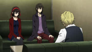 Anime Trio Discussion Couch Scene Wallpaper