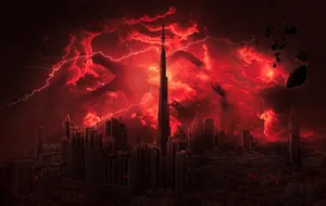 Apocalyptic_ City_ Under_ Stormy_ Red_ Sky Wallpaper