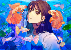 Aquatic Dreams_ Anime Girl With Goldfish.jpg Wallpaper