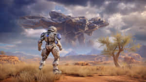Armored Figure Observes Massive Floating Entity On Alien Planet Wallpaper