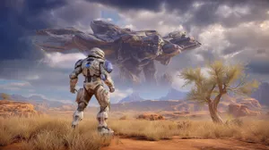 Armored Figure Observes Massive Floating Entity On Alien Planet Wallpaper
