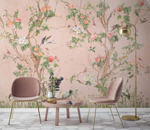 Artistic Tree Branches Mural On Wall Wallpaper