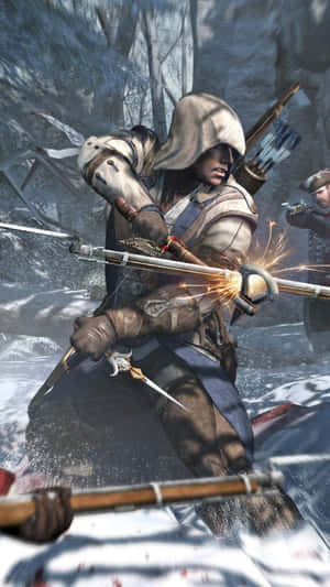 Assassin's Creed Iii's Hero, Connor Kenway, In Action Wallpaper