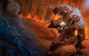 Assassins Bravely Face Off Against A Formidable Fire Giant In This Classic Dungeons And Dragons Scene. Wallpaper