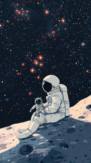 Astronaut Relaxing On A Rocky Cosmic Moon Surface Gazing Into Sky Wallpaper