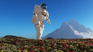 Astronaut Walking On Roses Wallpaper