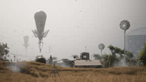 Atomic Heart Blimp Enemies Over Field Wallpaper