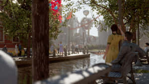 Atomic Heart Park Scenewith Robotic Structures Wallpaper