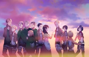 Attackon Titan Characters Sunset Gathering Wallpaper