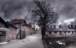 Auschwitz Concentration Camp Site Gate Wide Angle Shot Wallpaper