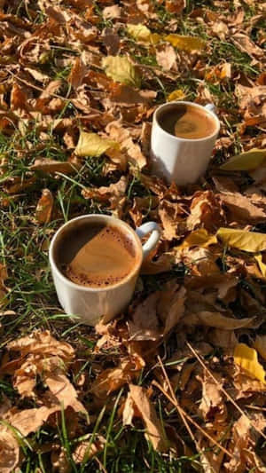 Autumn Coffee Amidst Fallen Leaves Wallpaper