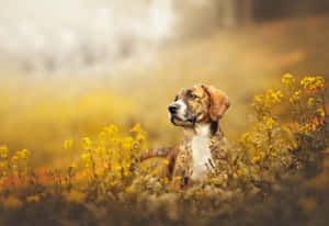 Autumn Dog Amidst Yellow Flowers Wallpaper