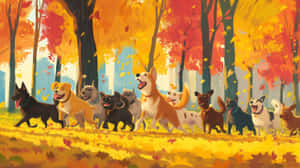 Autumn Dogs Frolicin Forest Wallpaper