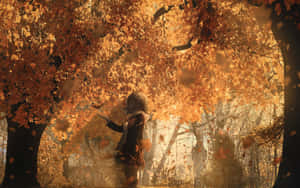 Autumn Dreams Girl Amongst Falling Leaves Wallpaper