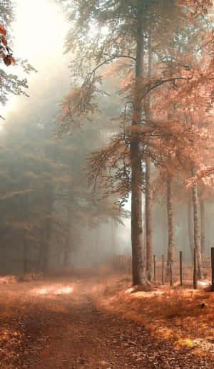 Autumn Forest Scenery With Golden Foliage And A Mystical Mist Wallpaper