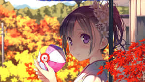 Autumn Kimono Girlwith Beach Ball Wallpaper