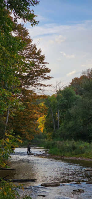 Autumn River Fishing Scene Wallpaper