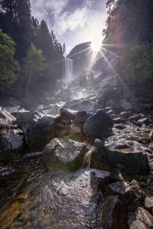 Autumn Sunrise_ Waterfall Glare Wallpaper