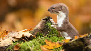 Autumn Weasel Standing On Log Wallpaper