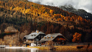 Autumnal Lakeside Cottage Wallpaper