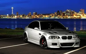 B M W E46 Silver Coupe Night Cityscape Background Wallpaper