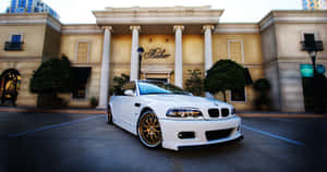 B M W E46 White Coupe Gold Wheels Luxury Backdrop Wallpaper