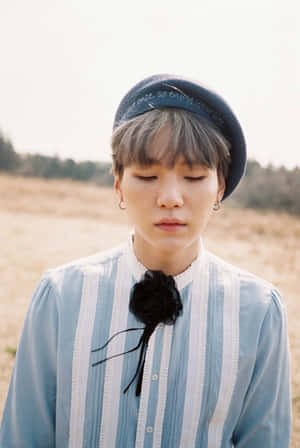 B T S Suga Blue Striped Shirt Aesthetic Wallpaper