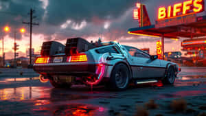 Backtothe Future Deloreanat Biffs Diner Wallpaper