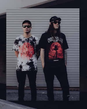 Bad Omens Band Members Standing Against Striped Wall Wallpaper