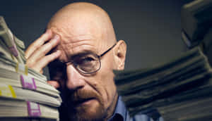 Bald Man With Glassesand Money Stacks Wallpaper