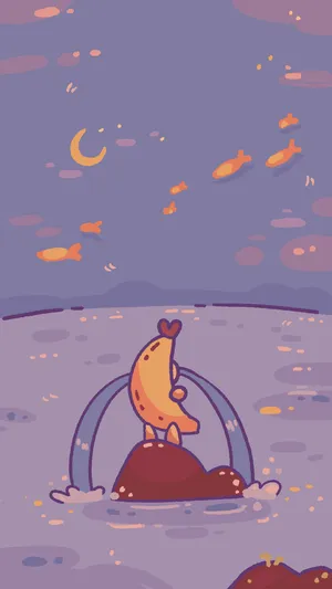Banana Cat Fishing Under Moonlight Wallpaper