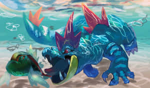 Basculin Darting Away From Feraligatr - Pokemon Action Scene Wallpaper