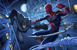 Batman Spiderman Nighttime Rooftop Encounter Wallpaper