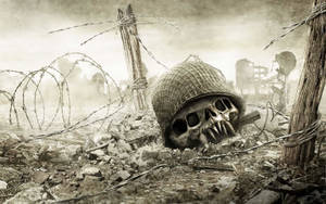 Battle-scarred Skull Remains As A Symbol Of War Wallpaper