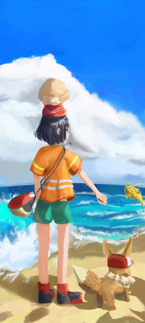 Beachside_ Adventure_with_ Eevee_and_ Trainer Wallpaper