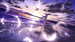 Beautiful Anime Strolls Along The Beach Wallpaper