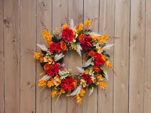 Beautiful Autumn Fall Wreath On A Wooden Door Wallpaper
