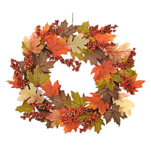 Beautiful Fall Wreath On Rustic Wooden Door Wallpaper