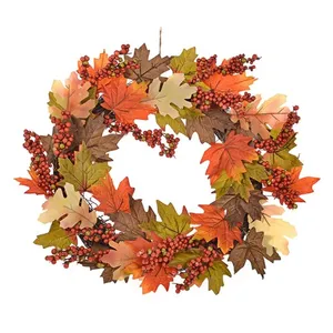 Beautiful Fall Wreath On Rustic Wooden Door Wallpaper